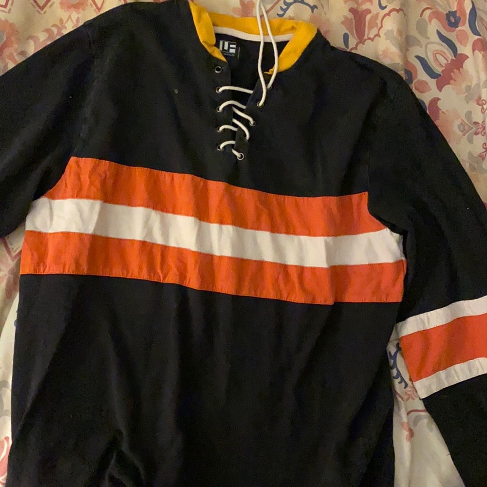 Lf hockey striped navy orange yellow halloween fall long sleeve boyfriend shirt